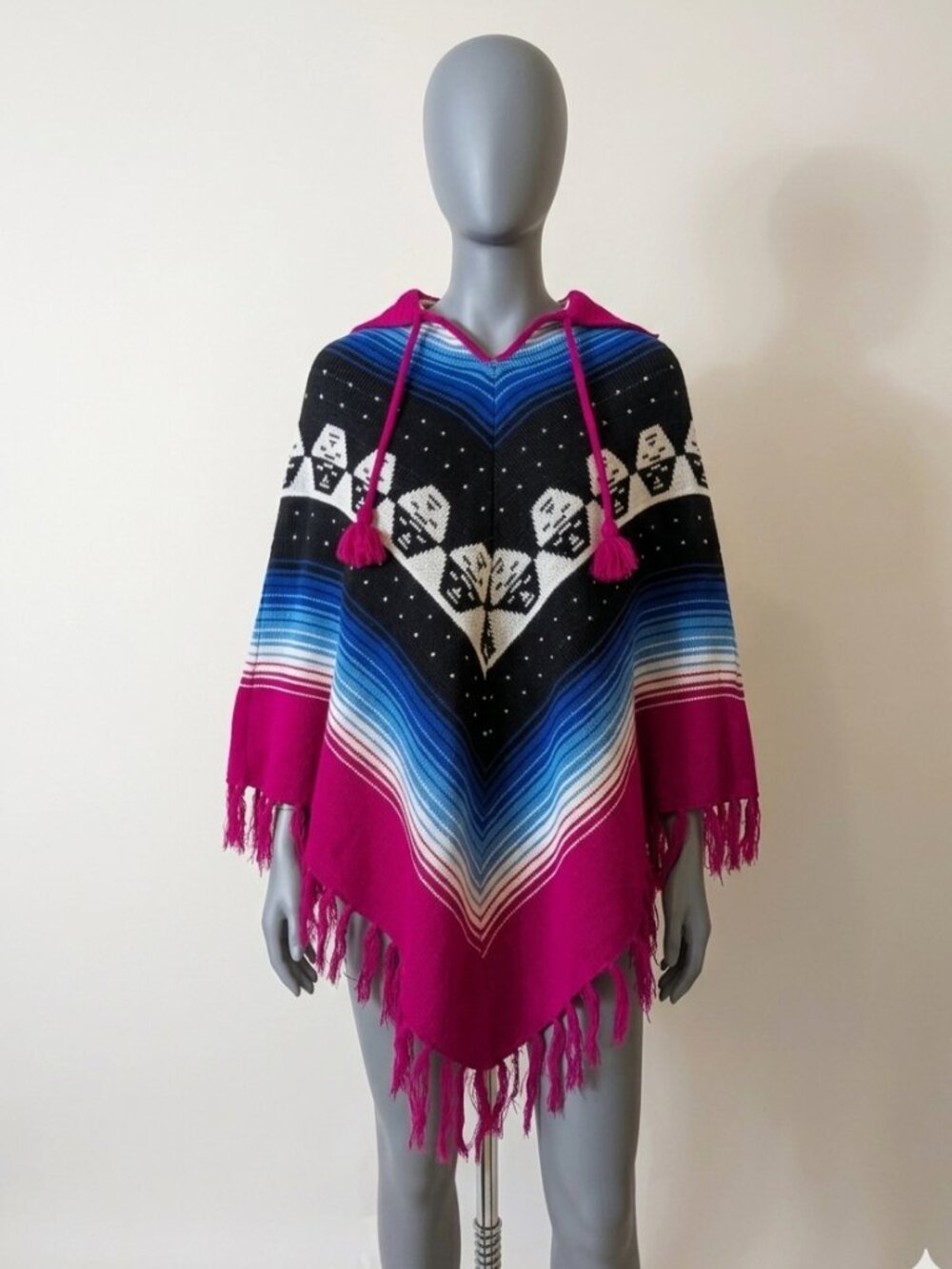 Vintage Woven Hooded‎ Poncho Aztec Calendar with Fringe